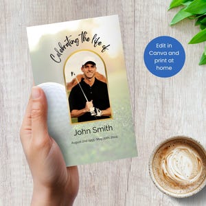 May include: A green and white golf themed memorial card with a photo of a man holding a golf club. The text reads "Celebrating the life of John Smith August 2nd 1955 - May 20th, 2024".