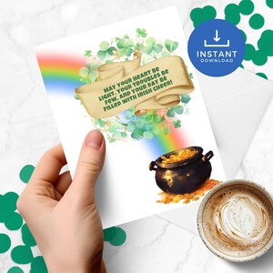 Carte de Saint-Patrick imprimable Heart be Light, carte de voeux arc-en-ciel et pot d'or, carte à téléchargement immédiat pour la Saint-Patrick