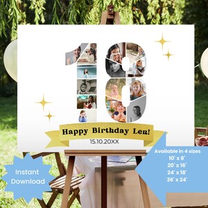 Póster de collage de fotos personalizable para el cumpleaños número 18, tablero de cumpleaños personalizado, cartel con foto del decimoctavo cumpleaños, plantilla editable de Canva