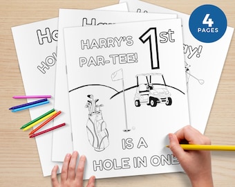 Hole in One Par-Tee Birthday Colouring Pages for Kids, Golf Printable Activity, Custom Name and Age Golf Party Favour Idea GP2024