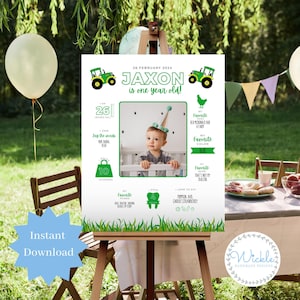 Tractor First Birthday Milestone Poster: Rustic Green Photo Board (Digital Download)