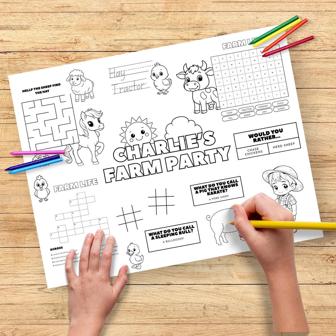 Farm Birthday Activity Placemat for Kids, Printable Coloring Sheet ...