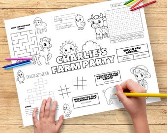 Mantel individual de actividades de cumpleaños de granja para niños, hoja para colorear imprimible, juegos de fiesta de animales de granja, actividad de mesa para niños FP2025