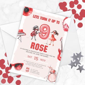 Modèle d'invitation à une fête d'anniversaire Rockstar, invitation en toile modifiable pour fête d'anniversaire sur le thème de la musique pour enfants, design rouge RR2025