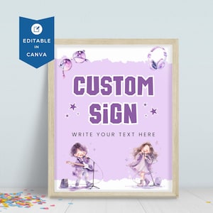 Rockstar Birthday Custom Party Sign, Editable Purple Music Themed Birthday Table Sign, Popstar Celebration for Kids PR2024