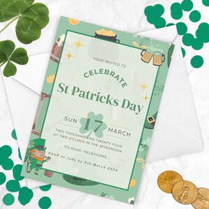 Invitación del día de San Patricio, celebración del trébol irlandés, invitación imprimible para fiesta de cerveza verde, tarjeta de evento festivo con trébol de la suerte
