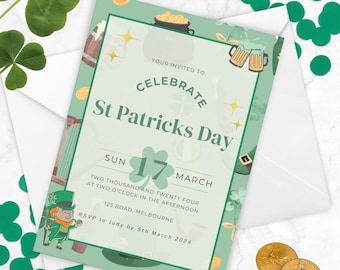 St Patricks Day Invitation, Irish Shamrock Celebration, Printable Green Beer Bash Invitation, Lucky Clover Holiday Event Card
