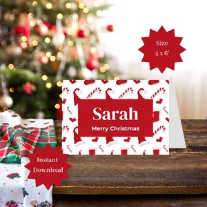 Peppermint Wonderland Holiday Name Place Card Template, Festive Seating Tags, Christmas Candy Cane Guest Markers, Xmas Party Personal Labels