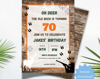 70th Old Buck Deer Hunting Birthday Party Invitation Printable Camo Party Digital Invite, Hunting Celebration Editable Canva Template