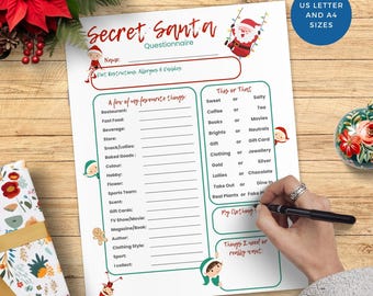 Questionnaire secret au Père Noël| Échange de cadeaux Père Noël secret| Liste de cadeaux de Noël| Quiz secret Père Noël| Secret Santa Form Père Noël coquin et lutins