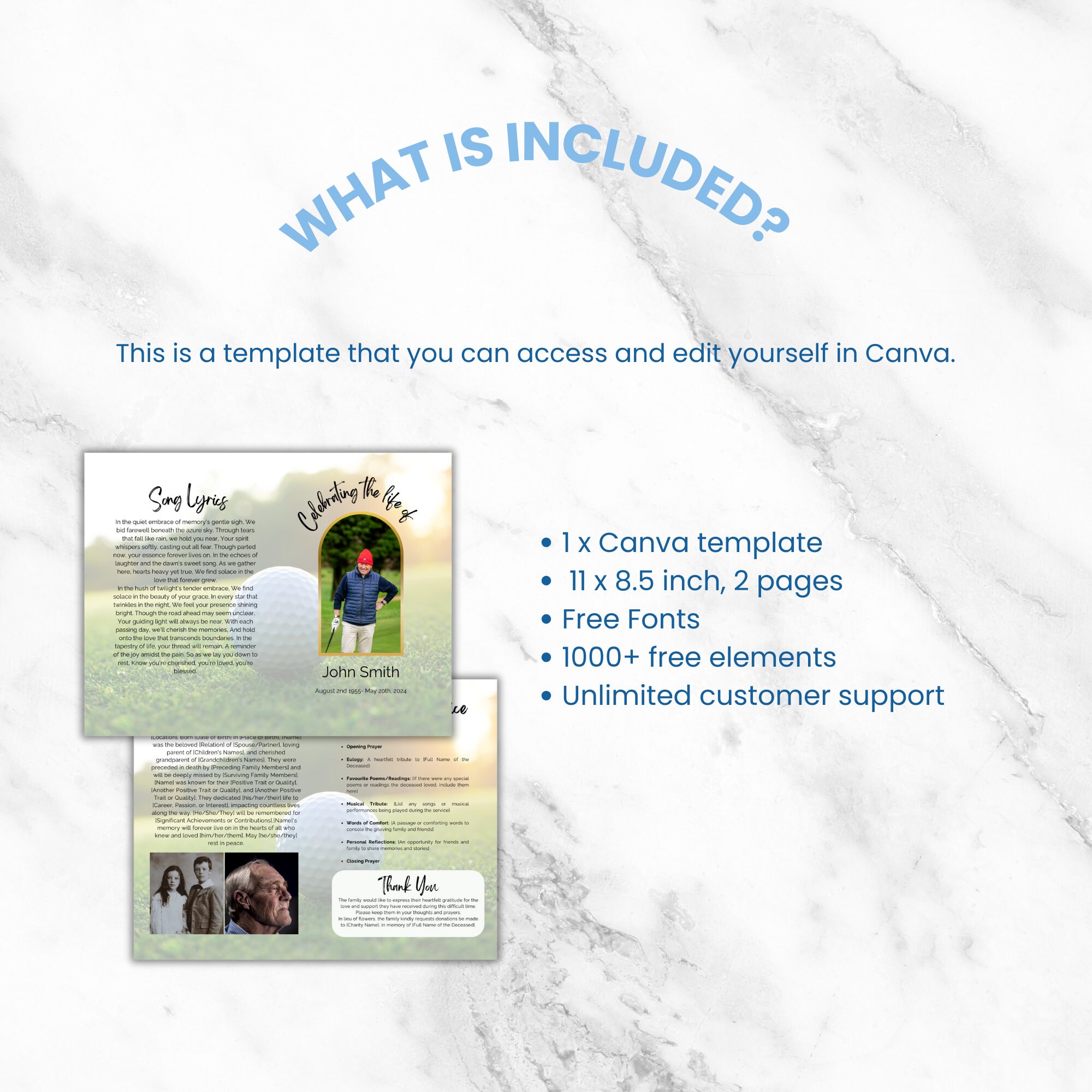 Editable Golf Themed Funeral Program Template, Printable Order of Service With Obituary, Elegant ...