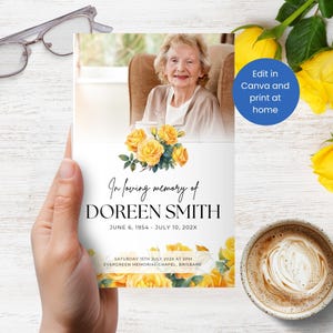 May include: A memorial card held by a hand, featuring a photo of an elderly woman, yellow roses, and text. The card reads "In loving memory of DOREEN SMITH" with dates and location details. A blue circle says "Edit in Canva and print at home."