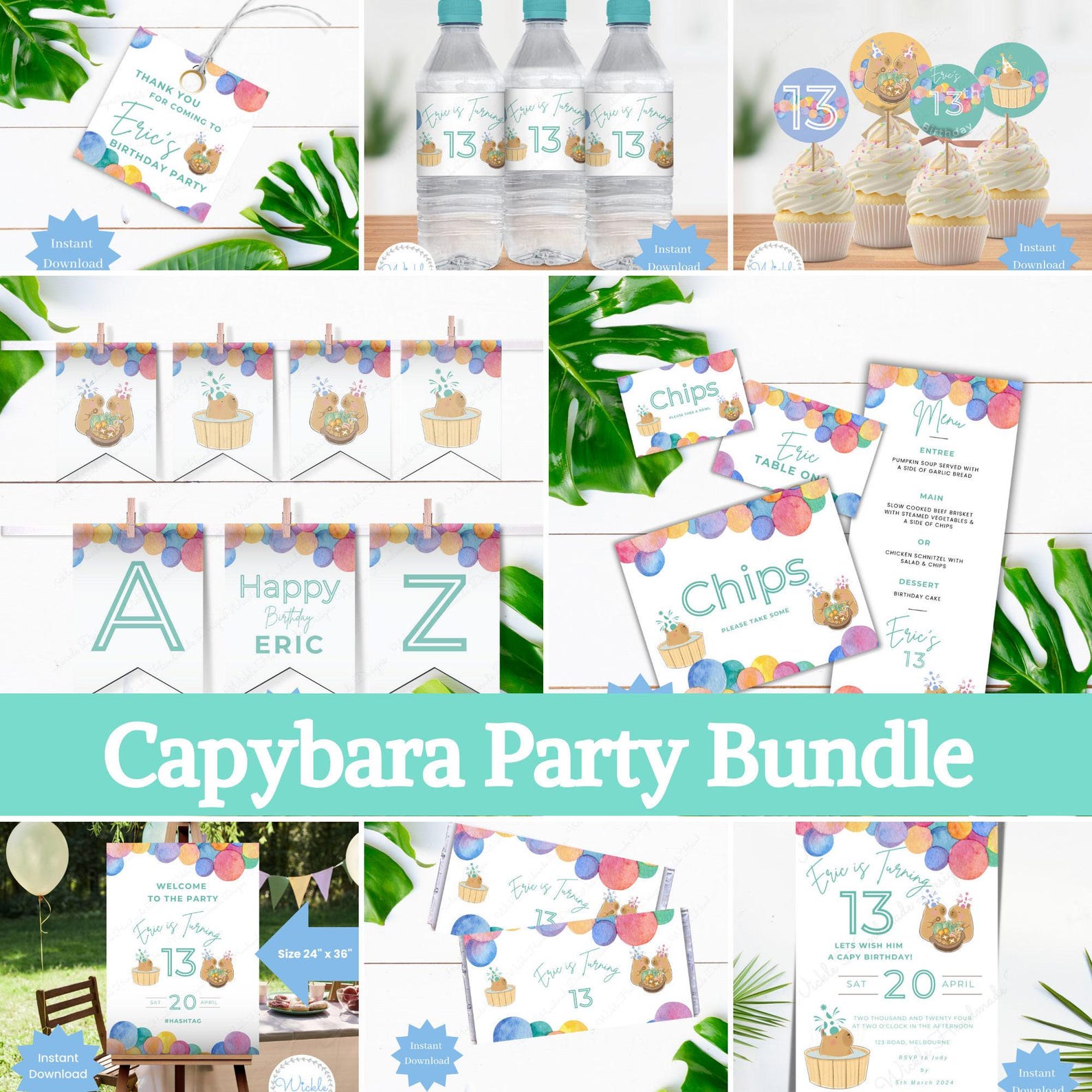 Watercolour Capybara Birthday Bundle Canva Template, Cute Capy Party ...
