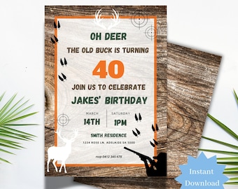 40th Old Buck Deer Hunting Birthday Party Invitation Printable Camo Party Digital Invite, Hunting Celebration Editable Canva Template