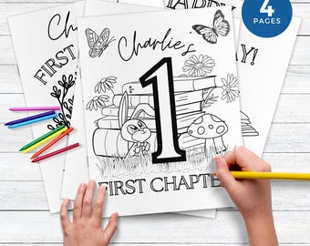 Erstes Kapitel Geburtstag Malseiten, Geschichte Buch Themen 1st Party Aktivität, Wildblumen Bibliothek Feier für ein Jahr alt FC2025