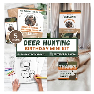 Mini-kit för hjortjakt, födelsedagsfest, redigerbar Canva-mall, kamouflage-jägarfestinbjudningspaket, barnfestsamlingspaket HCP2024