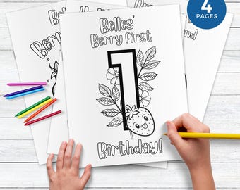 Berry First Birthday Colouring Pages for Toddlers, Printable Strawberry Birthday Activity Sheets BF2023