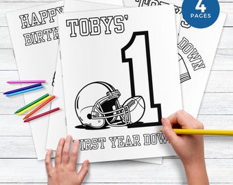 First Year Down Birthday Colouring Pages, Football Themed 1st Birthday Party Activity, Touchdown Celebration for Boys FD2024
