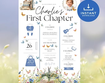 Tablero de hitos de cumpleaños del primer capítulo, plantilla de lienzo para póster decorativo de primer cumpleaños con temática de cuento, letrero decorativo para fiesta de primer año FC2025