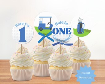 Bewerkbare hole-in-one verjaardag cupcake topper canvassjabloon voor een éénjarigen eerste verjaardagsfeestje met een blauw golfthema