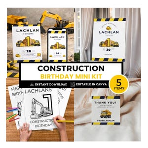 以下が含まれることがあります： 黄色と黒の警告ストライプ、ショベルカーのグラフィック、Lachlan is digging、1、Thank You for building memoriesというテキストが印刷された、建設をテーマにした誕生日パーティー用の招待状、看板、タグのセット。