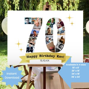 Poster personalizzabile per il collage fotografico del 70° compleanno, cartello di compleanno personalizzato, cartello fotografico per settantenni, modello Canva modificabile