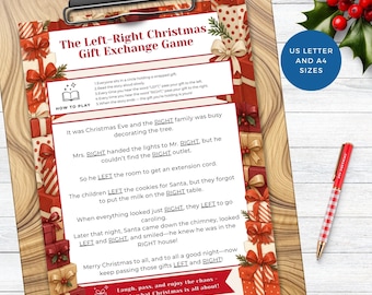 May include: A Christmas-themed game on a clipboard with a wooden background. The game is titled "The Left-Right Christmas Gift Exchange Game" and includes instructions and a story. A red and white pen and holly sprig are also visible.