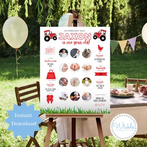 Customisable Photo Red Tractor First Birthday Milestone Poster, Personalised Baby Birthday Board, Boy One Year Sign Editable Canva Template