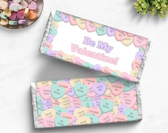 Modello modificabile per incarto di cioccolato con cuori di conversazione pastello, caramelle per San Valentino, regalo di San Valentino per lei Candy Bar CV2023