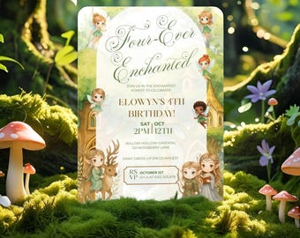 Sjabloon Enchanted Forest-feestuitnodiging, bewerkbare Kids Elves magische verjaardag telefoon uitnodigen, groene fee thema digitale download EF2025