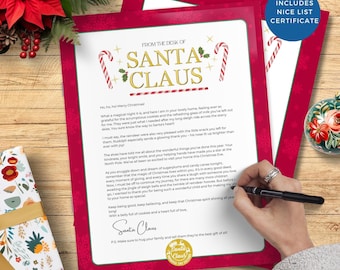 May include: A festive letter from Santa Claus with a red border, featuring the text "FROM THE DESK OF SANTA CLAUS." The letter includes a handwritten message and a Santa Claus seal. A "NICE LIST CERTIFICATE" is also included.
