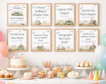 First Chapter Birthday Party Signs Canva Template, One For the Books Party Decorations for Kids Storybook Party Décor  FC2025