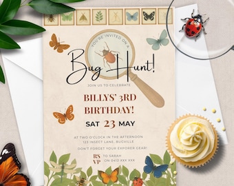 Invitación de cumpleaños infantil "Caza de Insectos", editable en Canva para celebrar el tercer cumpleaños con adorables insectos y temática natural BH2025