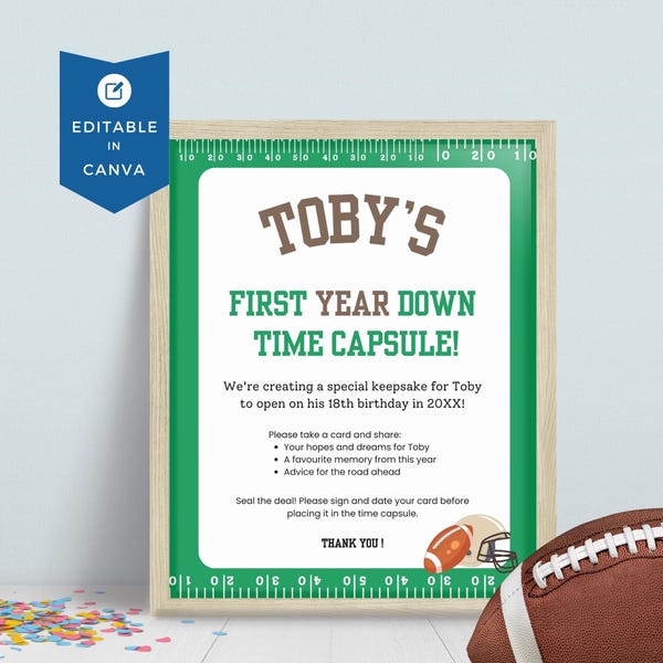 First Year Down Birthday Time Capsule Sign, Editable Football Themed 1st Birthday Memory Card Template, Celebration for Boys FD2024