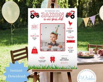 Customisable Photo Red Tractor First Birthday Milestone Poster, Personalised Baby Birthday Board, Boy One Year Sign Editable Canva Template