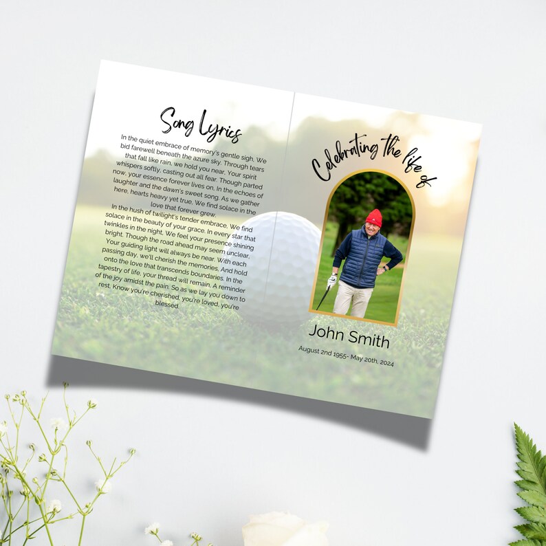Editable Golf Themed Funeral Program Template, Printable Order of Service With Obituary, Elegant ...