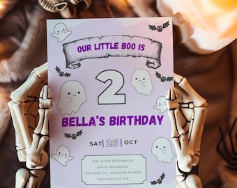 Little Boo Is Two 2nd Birthday Invitation Template, Editable Digital Ghost Invite, Fun Halloween Party Design LB2024