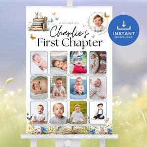 Pannello fotografico per il primo capitolo del compleanno, modello per poster di libri di racconti, modello per Canva, cartello per il primo compleanno del capitolo uno, decorazione stampabile FC2025