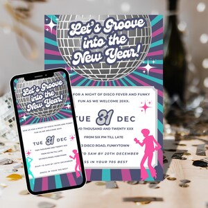 Invitation imprimable fête du nouvel an disco des années 70, faire-part de vacances rétro, flyer événement danse groovy 2025, modèle de carte de NYE vintage NYD2024