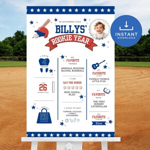 Rookie Year First Birthday Milestone Board, Baseball Themed 1st Birthday Décor Poster Canva Template, Editable Sign Party Decoration BP2025