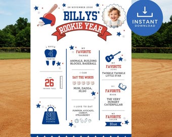 Tablero de hitos para el primer cumpleaños de novato, plantilla de póster de decoración de béisbol para el primer cumpleaños en Canva, letrero editable para decoración de fiesta BP2025