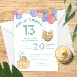 Invito per il 13° compleanno a tema capibara, invito modificabile per la festa di compleanno di capibara carino per bambini, invito di compleanno per animali modello Canva CP2023