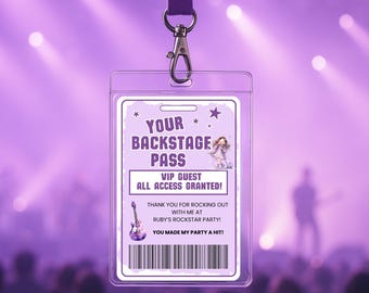 Mall för backstagepass till Rockstar-festen, tackkortsmall för tjejer, VIP-gästpass för all access, utskrivbar Canvas-presentetikett PR2024