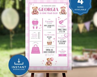 Pink Teddy Bear Picnic First Birthday Milestone Poster, Personalised Baby Birthday Board, Gingham One Year Sign Editable Template TBP2023