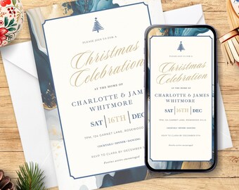 May include: Christmas Celebration invitation with a navy blue and gold marble design. The invitation includes the text "Christmas Celebration" and event details. A smartphone displays the same invitation.