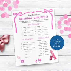 Roze wie kent het feestvarken beste afdrukbare spel, coquette strikken verjaardagsactiviteit, make-up thema feestquiz
