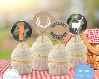 Editable Hunting Birthday Cupcake Toppers Canva Template, Camo Party Cake Topper, Deer Hunt Event Gift Sticker Printable HCP2024