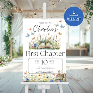 Cartello di benvenuto per decorazioni di compleanno del primo capitolo, cartello per feste a tema libro di fiabe per bambini di un anno, compleanno di libri stravaganti con animali del bosco FC2025