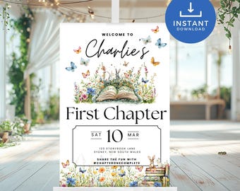 First Chapter Birthday Décor Welcome Sign, Storybook Theme Party Sign for One Year Old, Whimsical Book Birthday with woodland animals FC2025