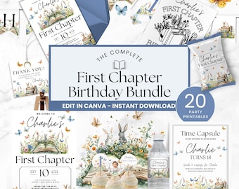 May include: A birthday party printable bundle featuring a First Chapter theme with watercolor illustrations of rabbits, books, wildflowers, and butterflies. Includes invitations, thank you tags, cupcake toppers, a water bottle label, and a time capsule sign.